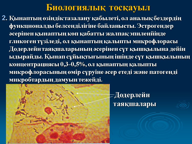 Биологиялық тосқауыл 2. Қынаптың өзіндік тазалану қабылеті, ол аналық бездердің функционалды белсенділігіне байланысты. Эстрогендер